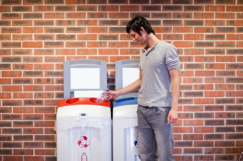 A young man with dark hair, dressed in a light grey long-sleeve shirt and grey trousers, is seen disposing of a plastic bottle into a white recycling bin with a red recycling symbol, positioned next to another bin with a blue lid, both placed against a red brick wall outdoors. The scene suggests a setting in a residential or commercial area where waste is being sorted for recycling, in line with rubbish removal services. The environment appears clean and well-maintained, with natural lighting highlighting the details of the waste bins and the individual's focused action. The placement of the waste bins indicates an organized approach to waste segregation, fitting the context of professional rubbish disposal in the Wallington area, supported by Commercial Waste Wallington.